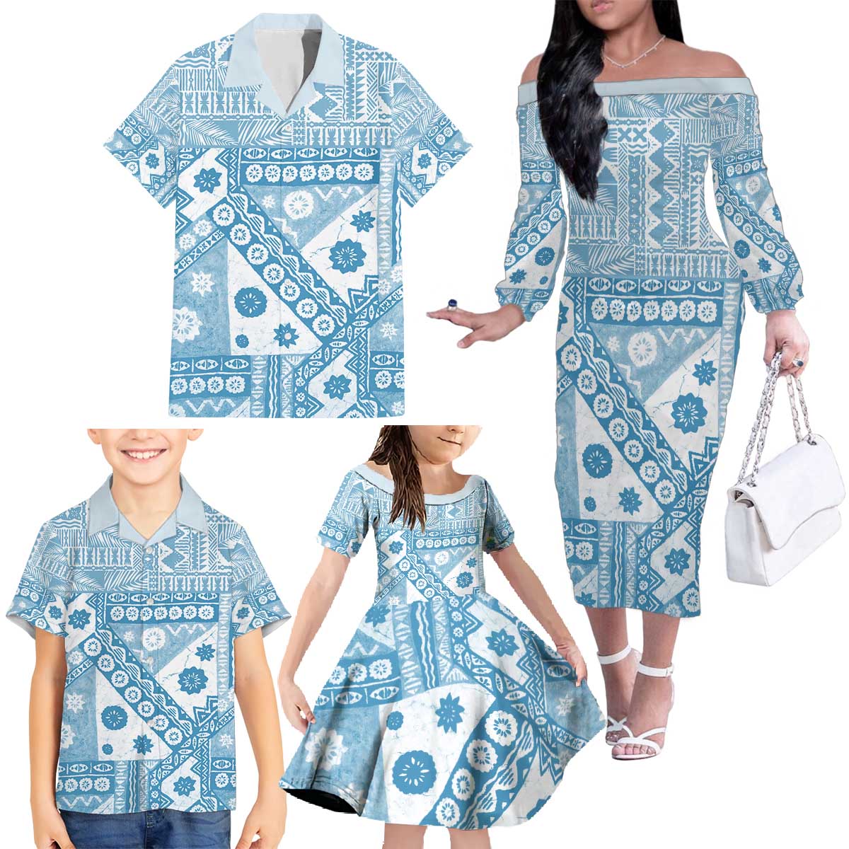 Blue Bula Fiji Family Matching Off The Shoulder Long Sleeve Dress and Hawaiian Shirt Unique Masi Tapa Pattern LT14 - Polynesian Pride