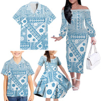 Blue Bula Fiji Family Matching Off The Shoulder Long Sleeve Dress and Hawaiian Shirt Unique Masi Tapa Pattern LT14 - Polynesian Pride