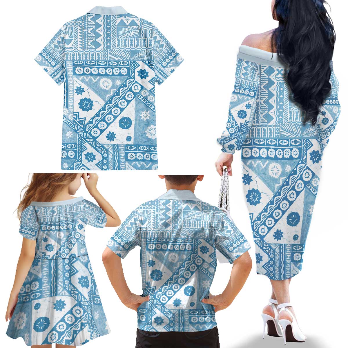 Blue Bula Fiji Family Matching Off The Shoulder Long Sleeve Dress and Hawaiian Shirt Unique Masi Tapa Pattern LT14 - Polynesian Pride