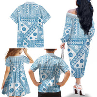Blue Bula Fiji Family Matching Off The Shoulder Long Sleeve Dress and Hawaiian Shirt Unique Masi Tapa Pattern LT14 - Polynesian Pride
