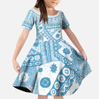 Blue Bula Fiji Family Matching Off Shoulder Maxi Dress and Hawaiian Shirt Unique Masi Tapa Pattern LT14 Daughter's Dress Blue - Polynesian Pride