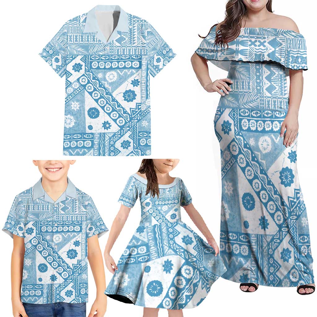Blue Bula Fiji Family Matching Off Shoulder Maxi Dress and Hawaiian Shirt Unique Masi Tapa Pattern LT14 - Polynesian Pride