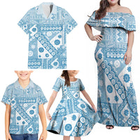 Blue Bula Fiji Family Matching Off Shoulder Maxi Dress and Hawaiian Shirt Unique Masi Tapa Pattern LT14 - Polynesian Pride
