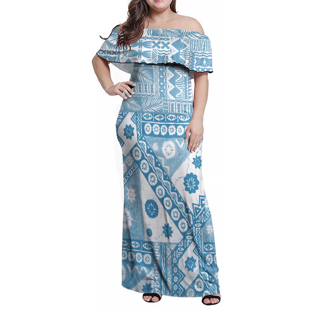 Blue Bula Fiji Family Matching Off Shoulder Maxi Dress and Hawaiian Shirt Unique Masi Tapa Pattern LT14 Mom's Dress Blue - Polynesian Pride