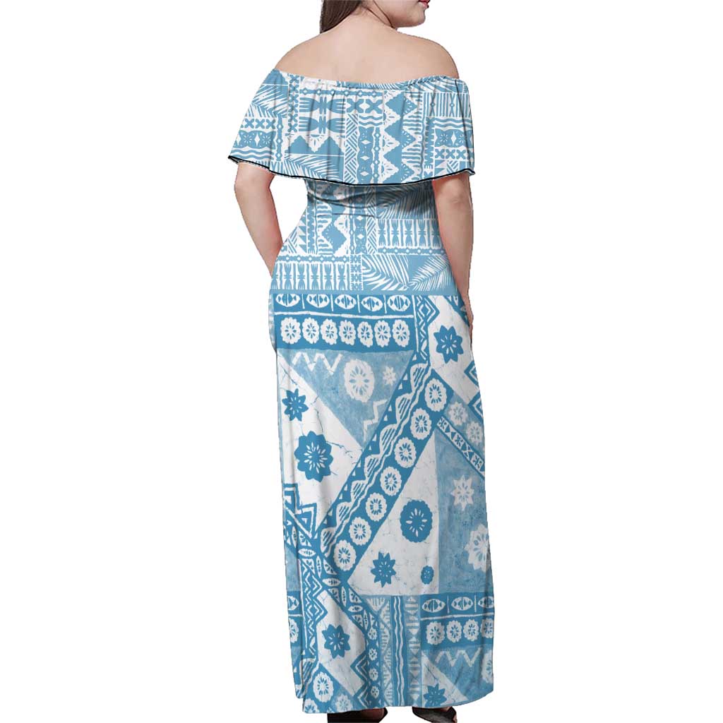 Blue Bula Fiji Family Matching Off Shoulder Maxi Dress and Hawaiian Shirt Unique Masi Tapa Pattern LT14 - Polynesian Pride
