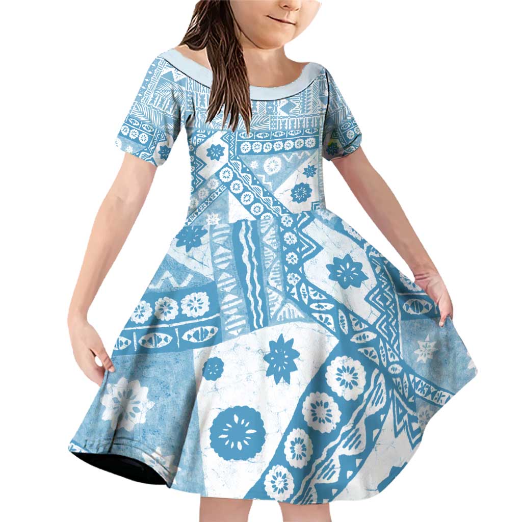 Blue Bula Fiji Family Matching Off Shoulder Short Dress and Hawaiian Shirt Unique Masi Tapa Pattern LT14 Daughter's Dress Blue - Polynesian Pride
