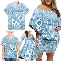 Blue Bula Fiji Family Matching Off Shoulder Short Dress and Hawaiian Shirt Unique Masi Tapa Pattern LT14 - Polynesian Pride