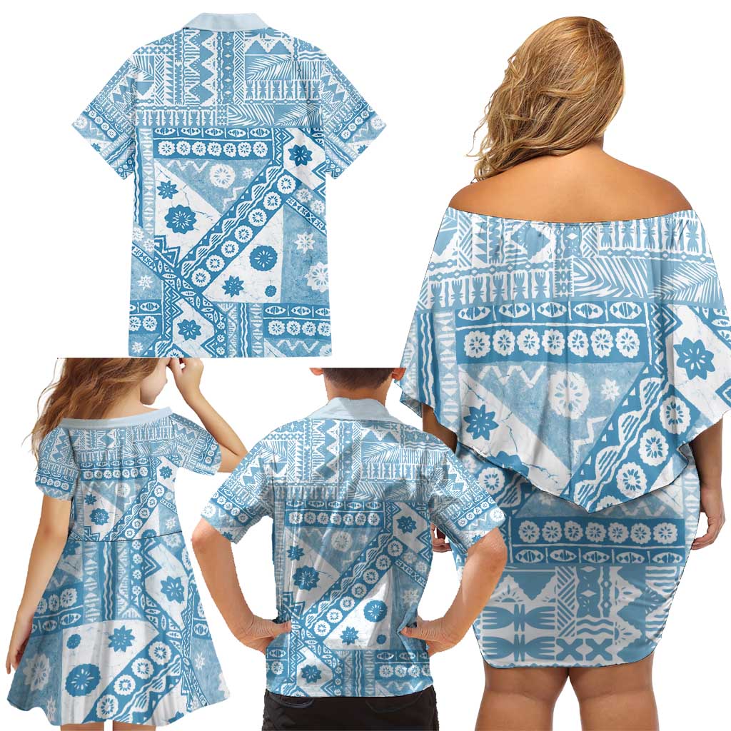 Blue Bula Fiji Family Matching Off Shoulder Short Dress and Hawaiian Shirt Unique Masi Tapa Pattern LT14 - Polynesian Pride