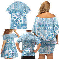 Blue Bula Fiji Family Matching Off Shoulder Short Dress and Hawaiian Shirt Unique Masi Tapa Pattern LT14 - Polynesian Pride
