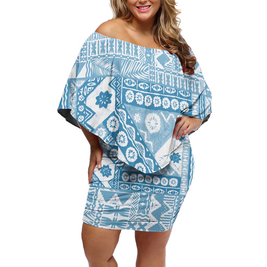 Blue Bula Fiji Family Matching Off Shoulder Short Dress and Hawaiian Shirt Unique Masi Tapa Pattern LT14 Mom's Dress Blue - Polynesian Pride