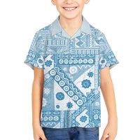 Blue Bula Fiji Family Matching Off Shoulder Short Dress and Hawaiian Shirt Unique Masi Tapa Pattern LT14 Son's Shirt Blue - Polynesian Pride