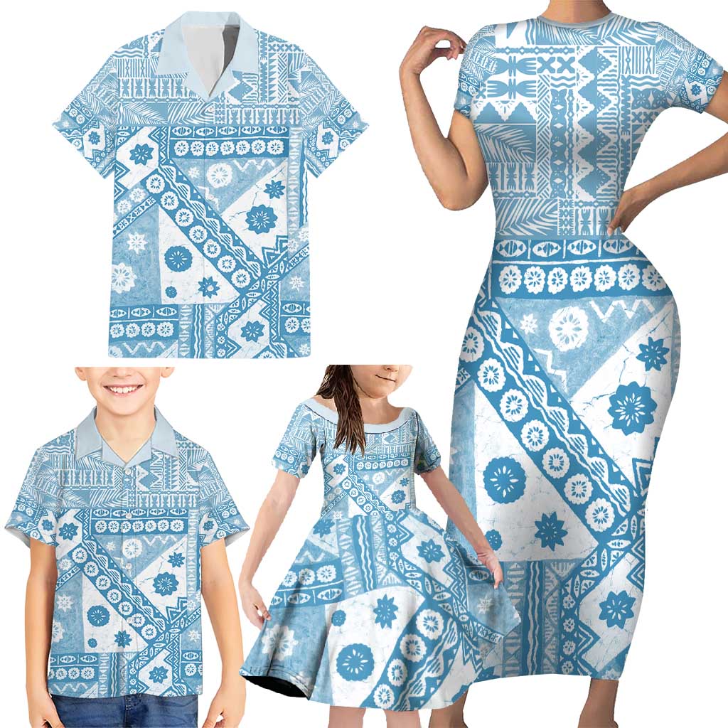 Blue Bula Fiji Family Matching Short Sleeve Bodycon Dress and Hawaiian Shirt Unique Masi Tapa Pattern LT14 - Polynesian Pride