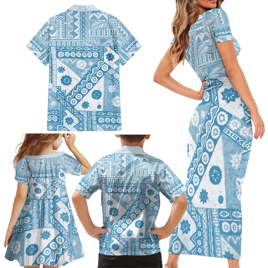 Blue Bula Fiji Family Matching Short Sleeve Bodycon Dress and Hawaiian Shirt Unique Masi Tapa Pattern LT14 - Polynesian Pride