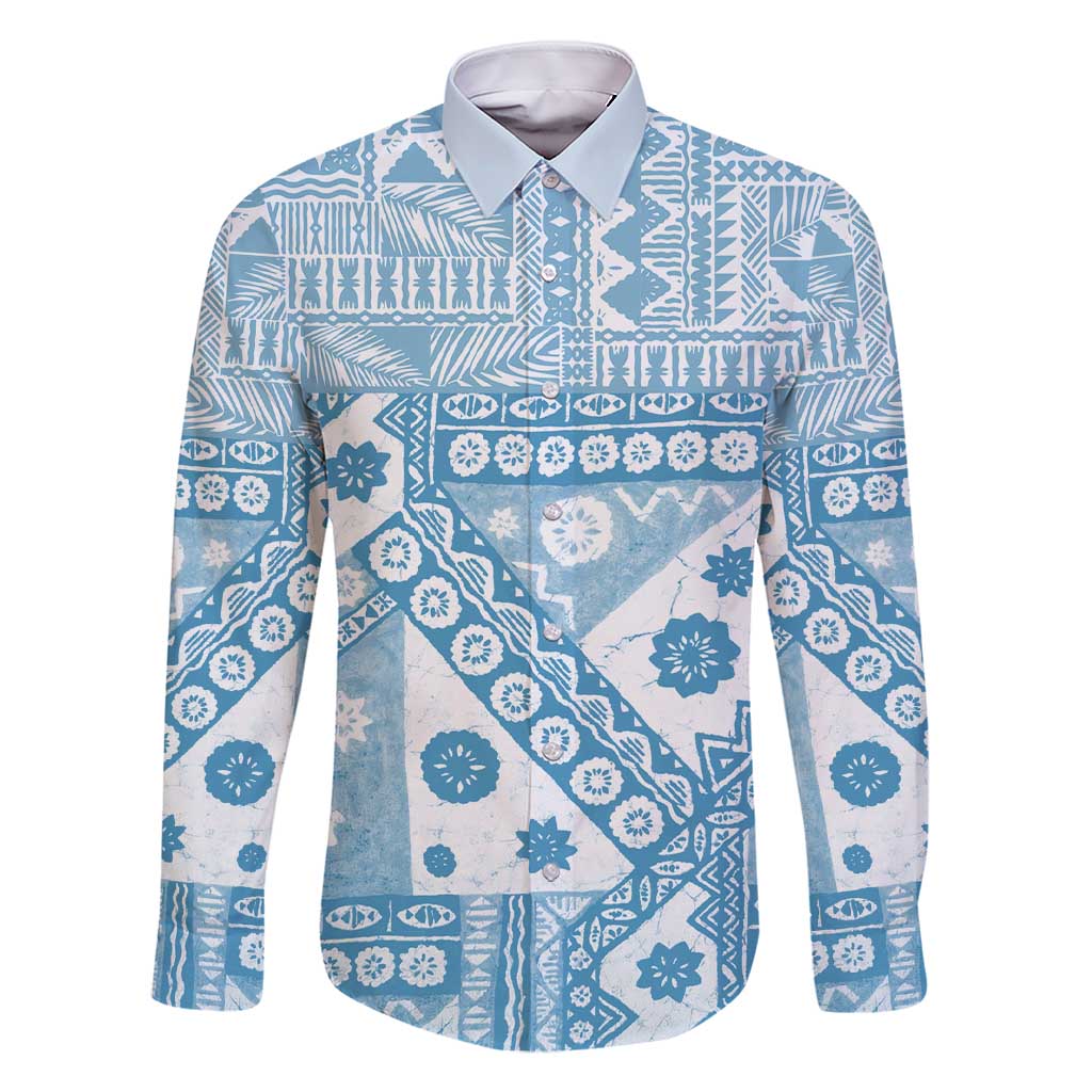Blue Bula Fiji Family Matching Short Sleeve Bodycon Dress and Hawaiian Shirt Unique Masi Tapa Pattern LT14 Dad's Shirt - Long Sleeve Blue - Polynesian Pride