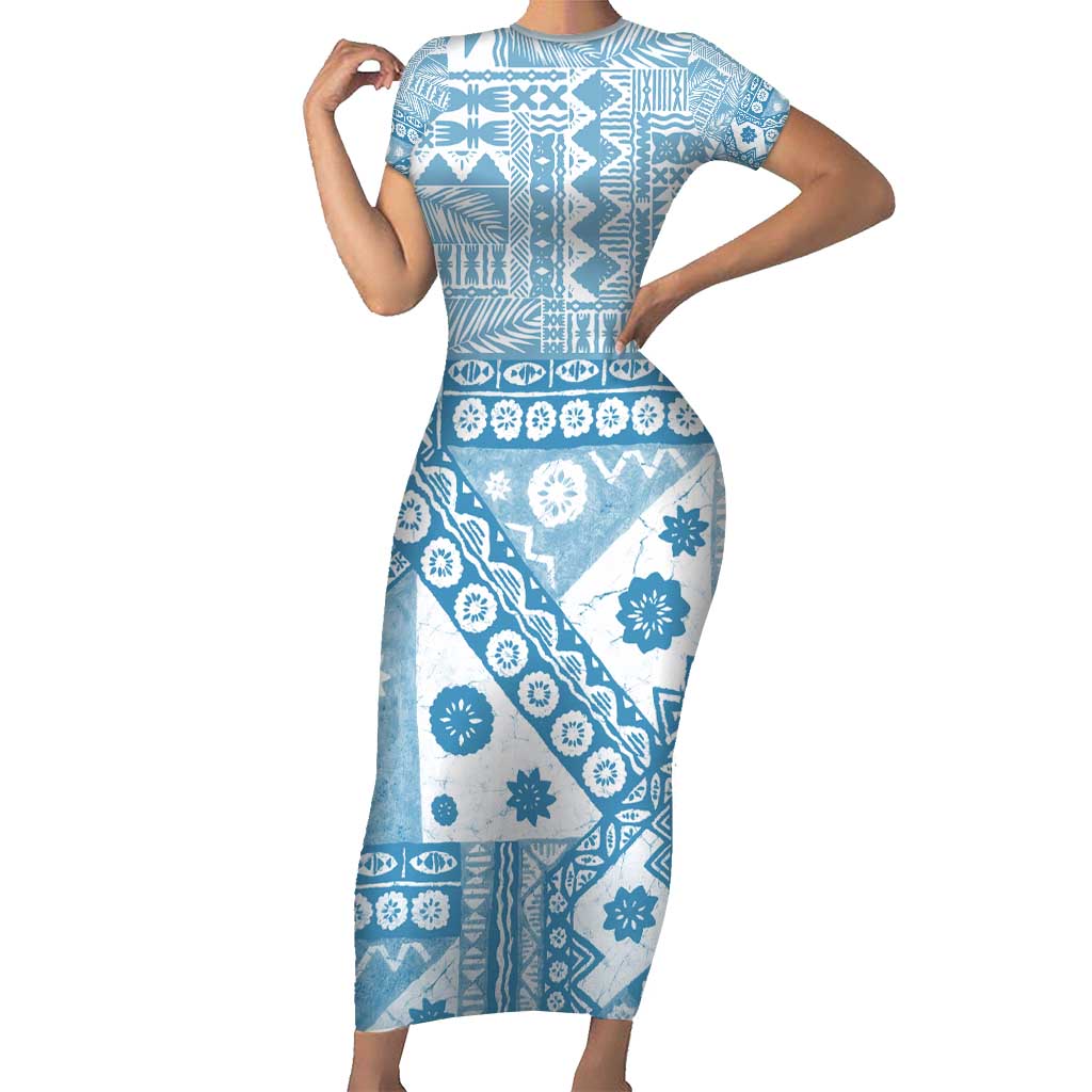 Blue Bula Fiji Family Matching Short Sleeve Bodycon Dress and Hawaiian Shirt Unique Masi Tapa Pattern LT14 Mom's Dress Blue - Polynesian Pride