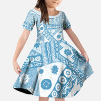 Blue Bula Fiji Family Matching Summer Maxi Dress and Hawaiian Shirt Unique Masi Tapa Pattern LT14 Daughter's Dress Blue - Polynesian Pride