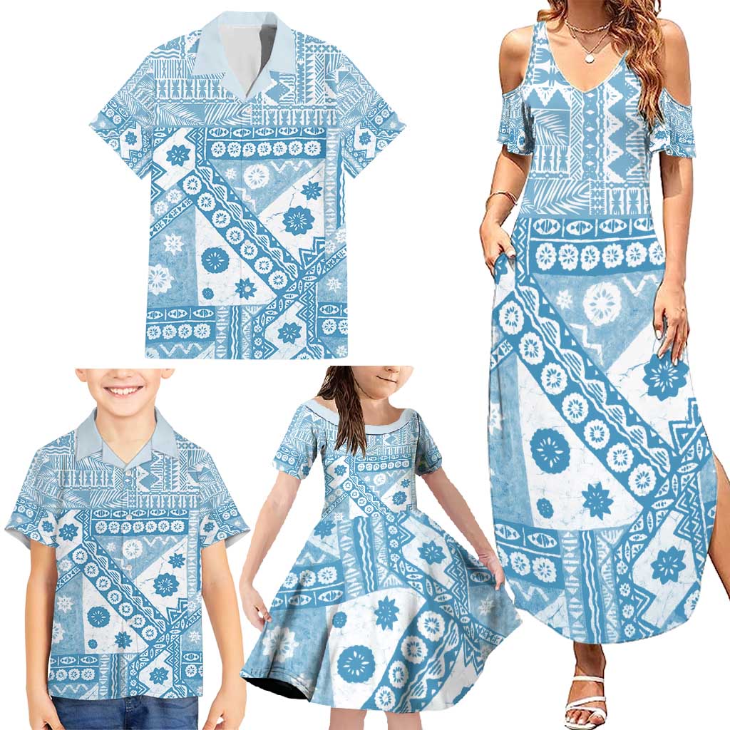 Blue Bula Fiji Family Matching Summer Maxi Dress and Hawaiian Shirt Unique Masi Tapa Pattern LT14 - Polynesian Pride