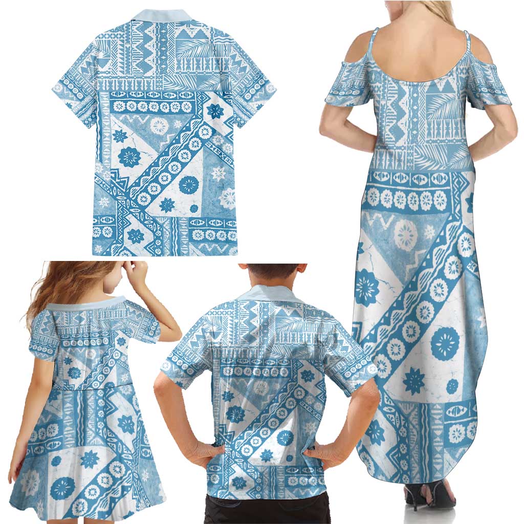 Blue Bula Fiji Family Matching Summer Maxi Dress and Hawaiian Shirt Unique Masi Tapa Pattern LT14 - Polynesian Pride