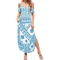Blue Bula Fiji Family Matching Summer Maxi Dress and Hawaiian Shirt Unique Masi Tapa Pattern LT14 Mom's Dress Blue - Polynesian Pride