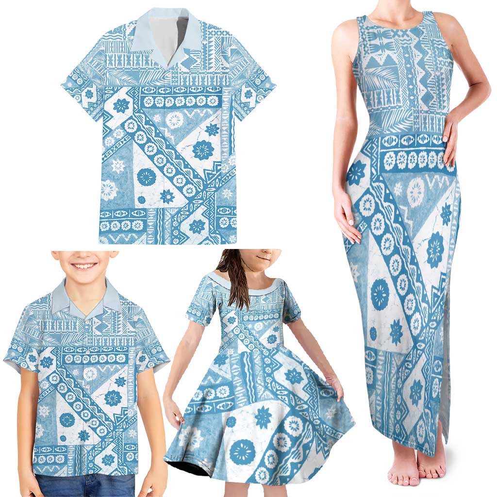 Blue Bula Fiji Family Matching Tank Maxi Dress and Hawaiian Shirt Unique Masi Tapa Pattern LT14 - Polynesian Pride