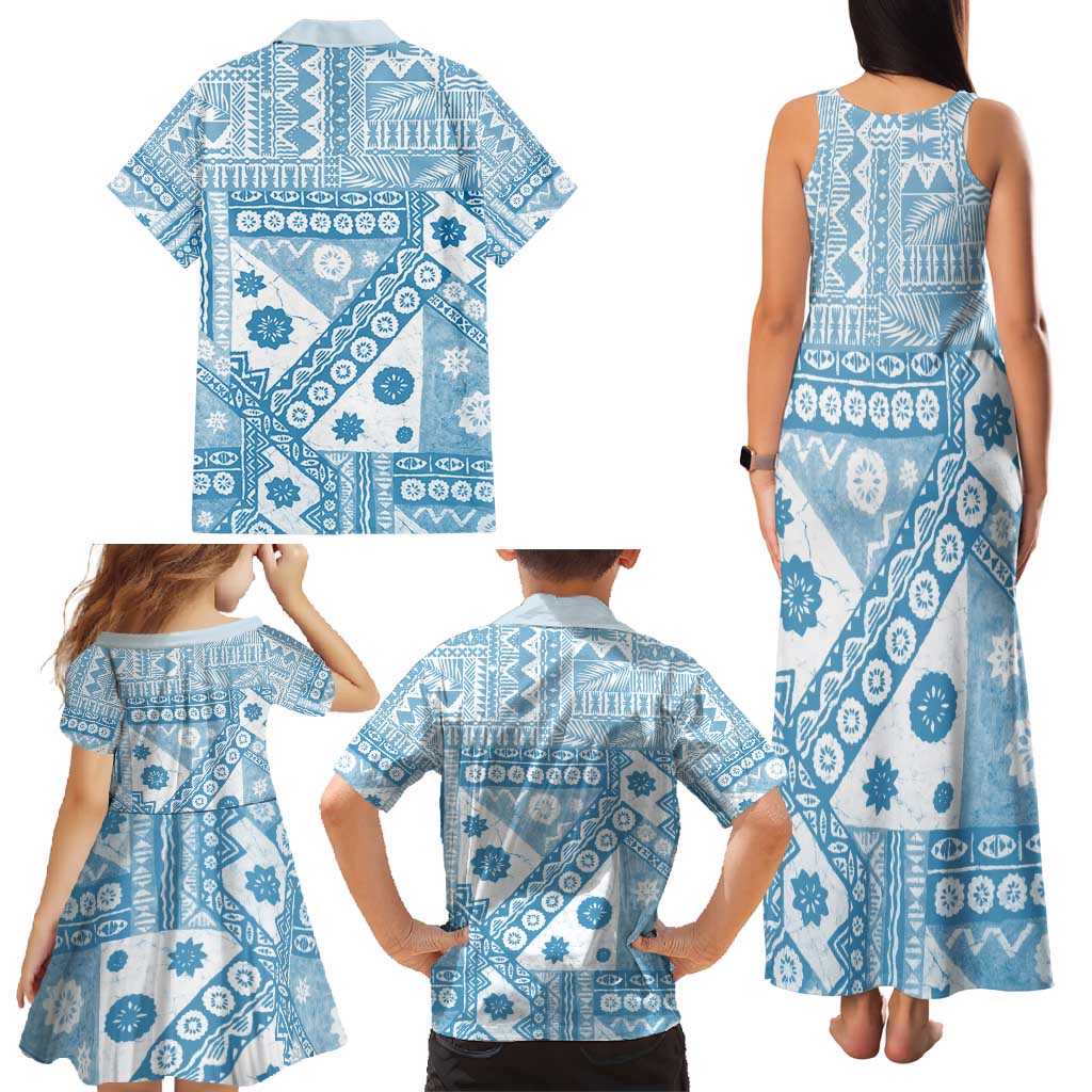 Blue Bula Fiji Family Matching Tank Maxi Dress and Hawaiian Shirt Unique Masi Tapa Pattern LT14 - Polynesian Pride