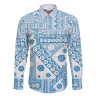 Blue Bula Fiji Family Matching Tank Maxi Dress and Hawaiian Shirt Unique Masi Tapa Pattern LT14 Dad's Shirt - Long Sleeve Blue - Polynesian Pride