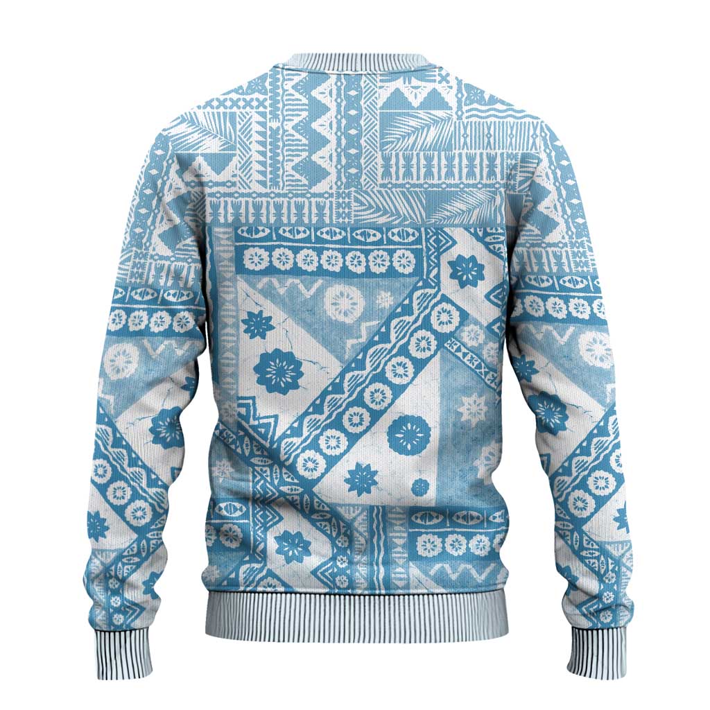 Blue Bula Fiji Ugly Christmas Sweater Unique Masi Tapa Pattern