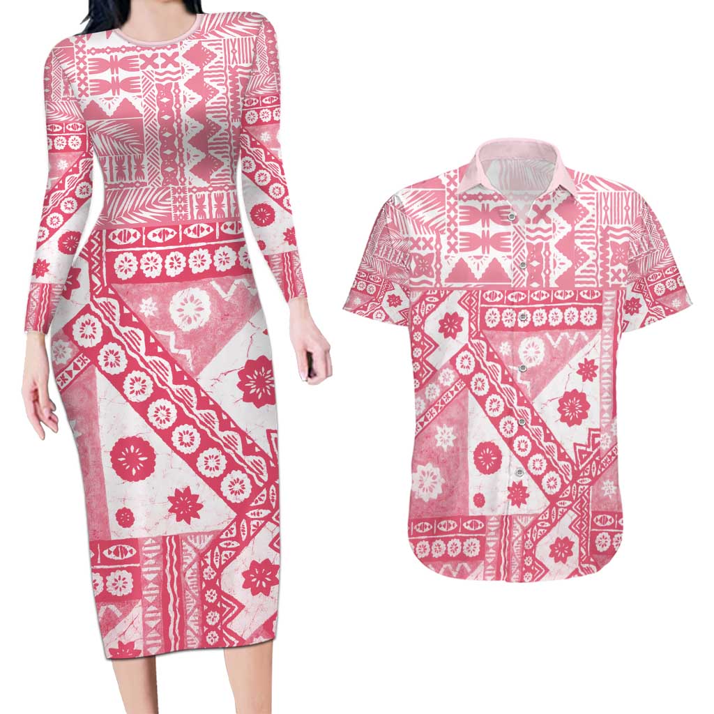 Pink Bula Fiji Couples Matching Long Sleeve Bodycon Dress and Hawaiian Shirt Unique Masi Tapa Pattern LT14 Pink - Polynesian Pride