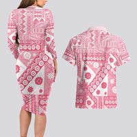 Pink Bula Fiji Couples Matching Long Sleeve Bodycon Dress and Hawaiian Shirt Unique Masi Tapa Pattern LT14 - Polynesian Pride