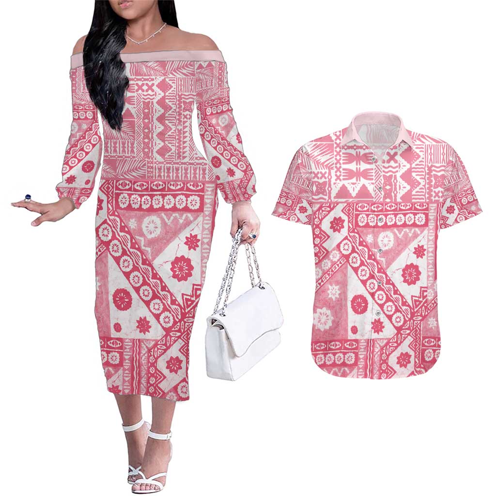 Pink Bula Fiji Couples Matching Off The Shoulder Long Sleeve Dress and Hawaiian Shirt Unique Masi Tapa Pattern LT14 Pink - Polynesian Pride