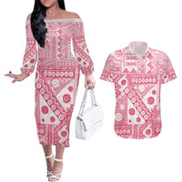 Pink Bula Fiji Couples Matching Off The Shoulder Long Sleeve Dress and Hawaiian Shirt Unique Masi Tapa Pattern LT14 Pink - Polynesian Pride