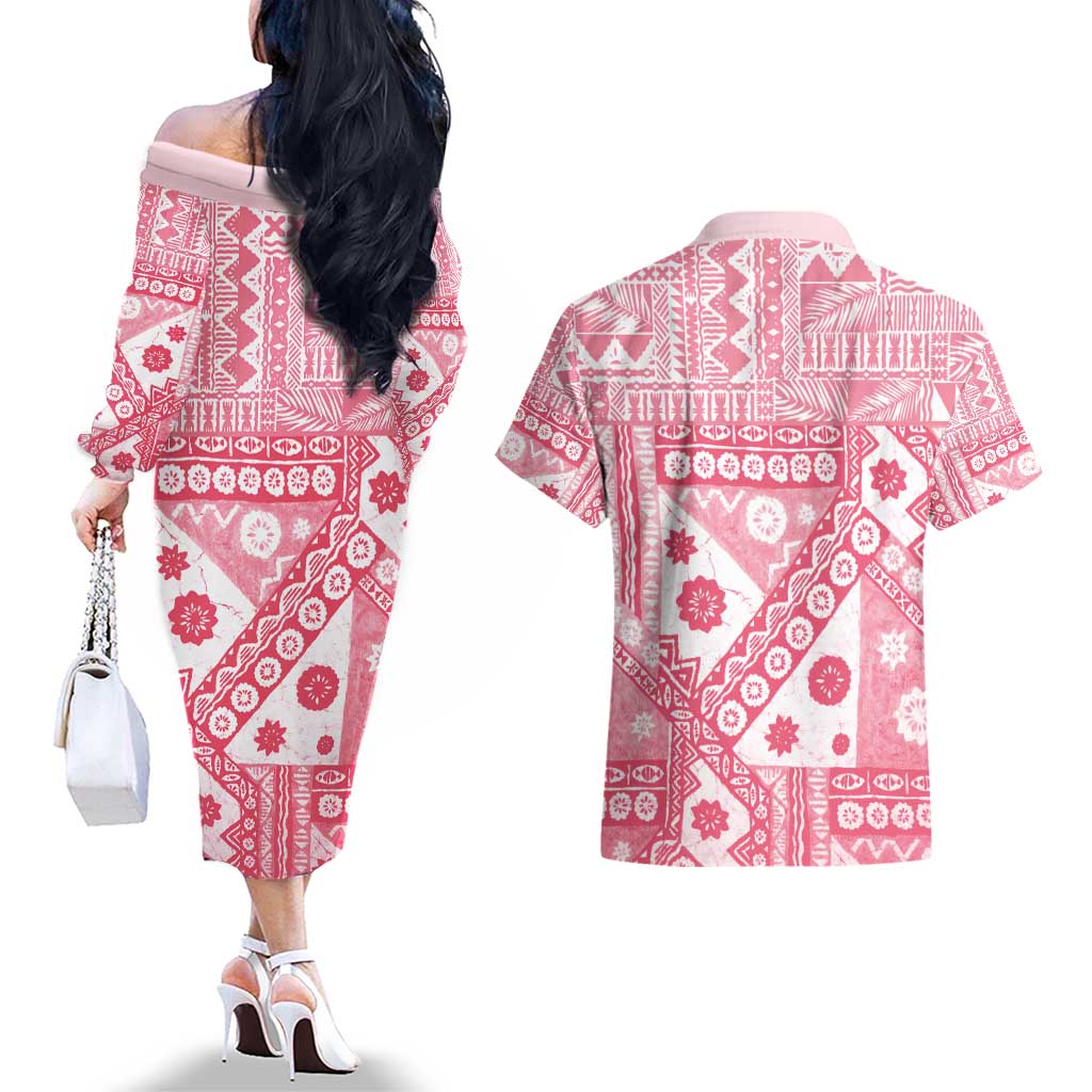 Pink Bula Fiji Couples Matching Off The Shoulder Long Sleeve Dress and Hawaiian Shirt Unique Masi Tapa Pattern LT14 - Polynesian Pride