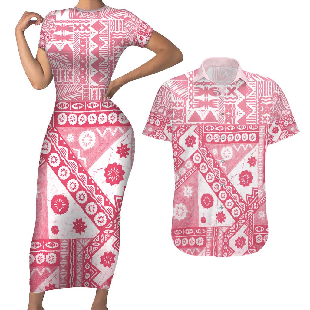 Pink Bula Fiji Couples Matching Short Sleeve Bodycon Dress and Hawaiian Shirt Unique Masi Tapa Pattern LT14 Pink - Polynesian Pride