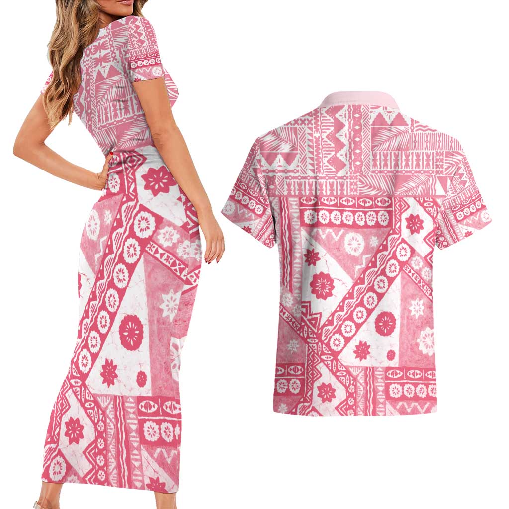 Pink Bula Fiji Couples Matching Short Sleeve Bodycon Dress and Hawaiian Shirt Unique Masi Tapa Pattern LT14 - Polynesian Pride
