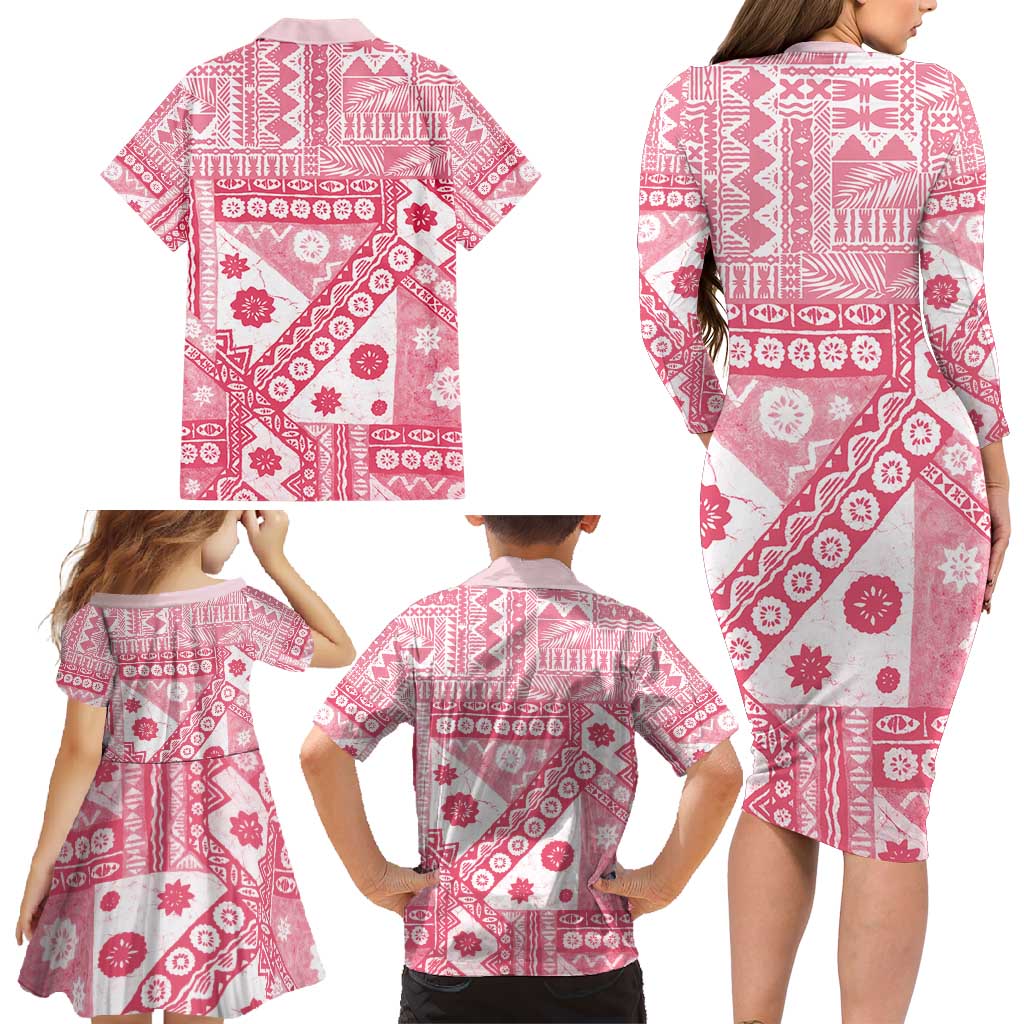 Pink Bula Fiji Family Matching Long Sleeve Bodycon Dress and Hawaiian Shirt Unique Masi Tapa Pattern LT14 - Polynesian Pride