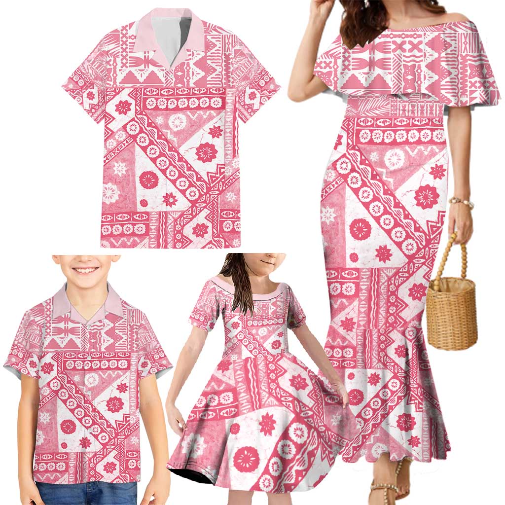 Pink Bula Fiji Family Matching Mermaid Dress and Hawaiian Shirt Unique Masi Tapa Pattern LT14 - Polynesian Pride