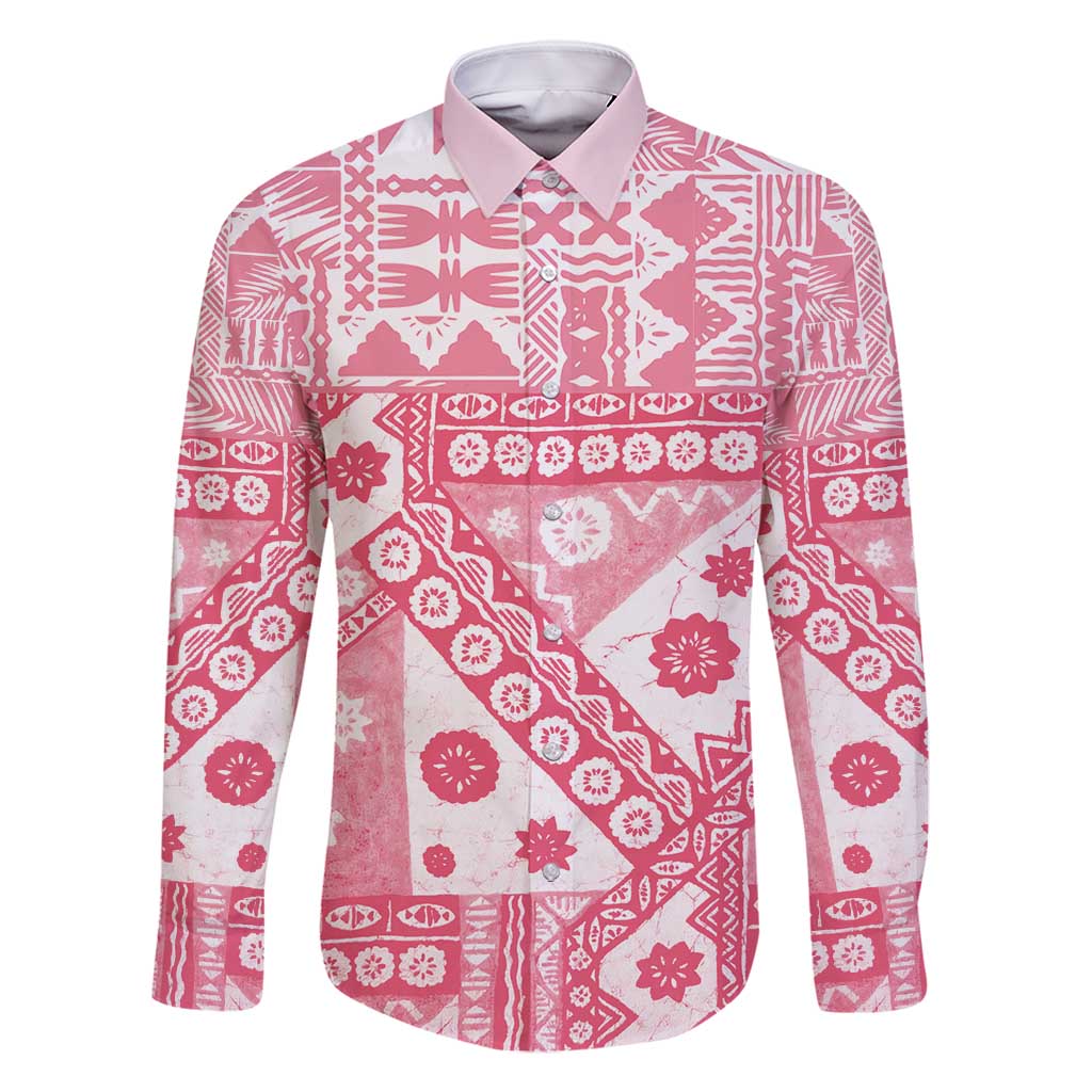 Pink Bula Fiji Family Matching Mermaid Dress and Hawaiian Shirt Unique Masi Tapa Pattern LT14 Dad's Shirt - Long Sleeve Pink - Polynesian Pride
