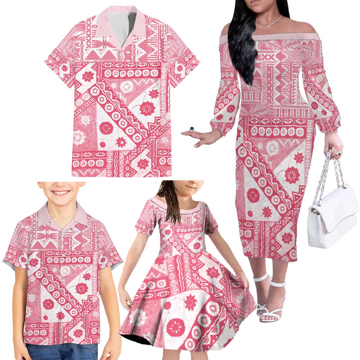Pink Bula Fiji Family Matching Off The Shoulder Long Sleeve Dress and Hawaiian Shirt Unique Masi Tapa Pattern LT14 - Polynesian Pride