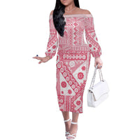 Pink Bula Fiji Family Matching Off The Shoulder Long Sleeve Dress and Hawaiian Shirt Unique Masi Tapa Pattern LT14 Mom's Dress Pink - Polynesian Pride