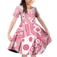 Pink Bula Fiji Family Matching Off Shoulder Short Dress and Hawaiian Shirt Unique Masi Tapa Pattern LT14 Daughter's Dress Pink - Polynesian Pride