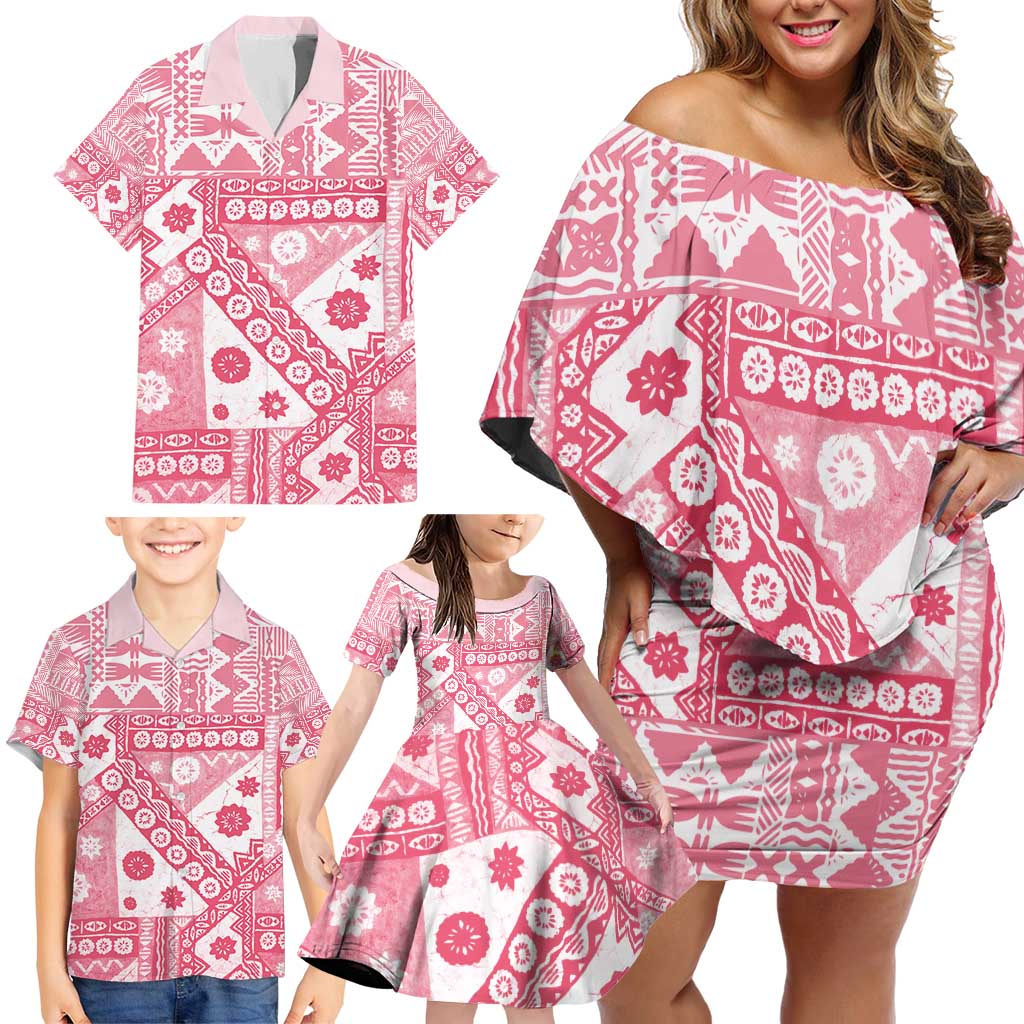 Pink Bula Fiji Family Matching Off Shoulder Short Dress and Hawaiian Shirt Unique Masi Tapa Pattern LT14 - Polynesian Pride