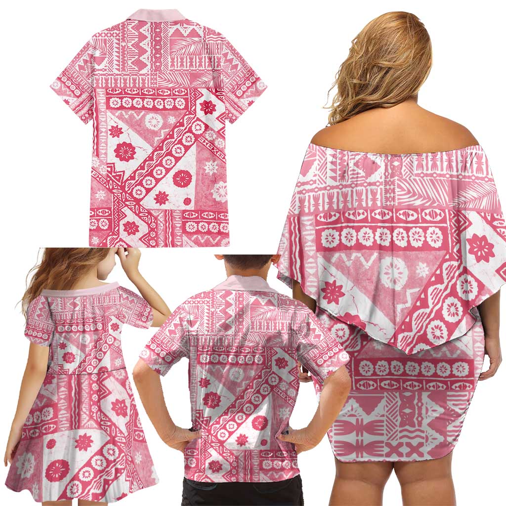 Pink Bula Fiji Family Matching Off Shoulder Short Dress and Hawaiian Shirt Unique Masi Tapa Pattern LT14 - Polynesian Pride