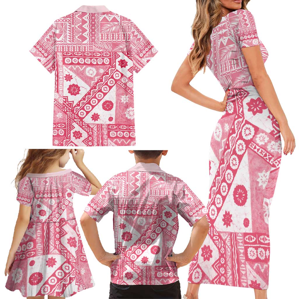 Pink Bula Fiji Family Matching Short Sleeve Bodycon Dress and Hawaiian Shirt Unique Masi Tapa Pattern LT14 - Polynesian Pride