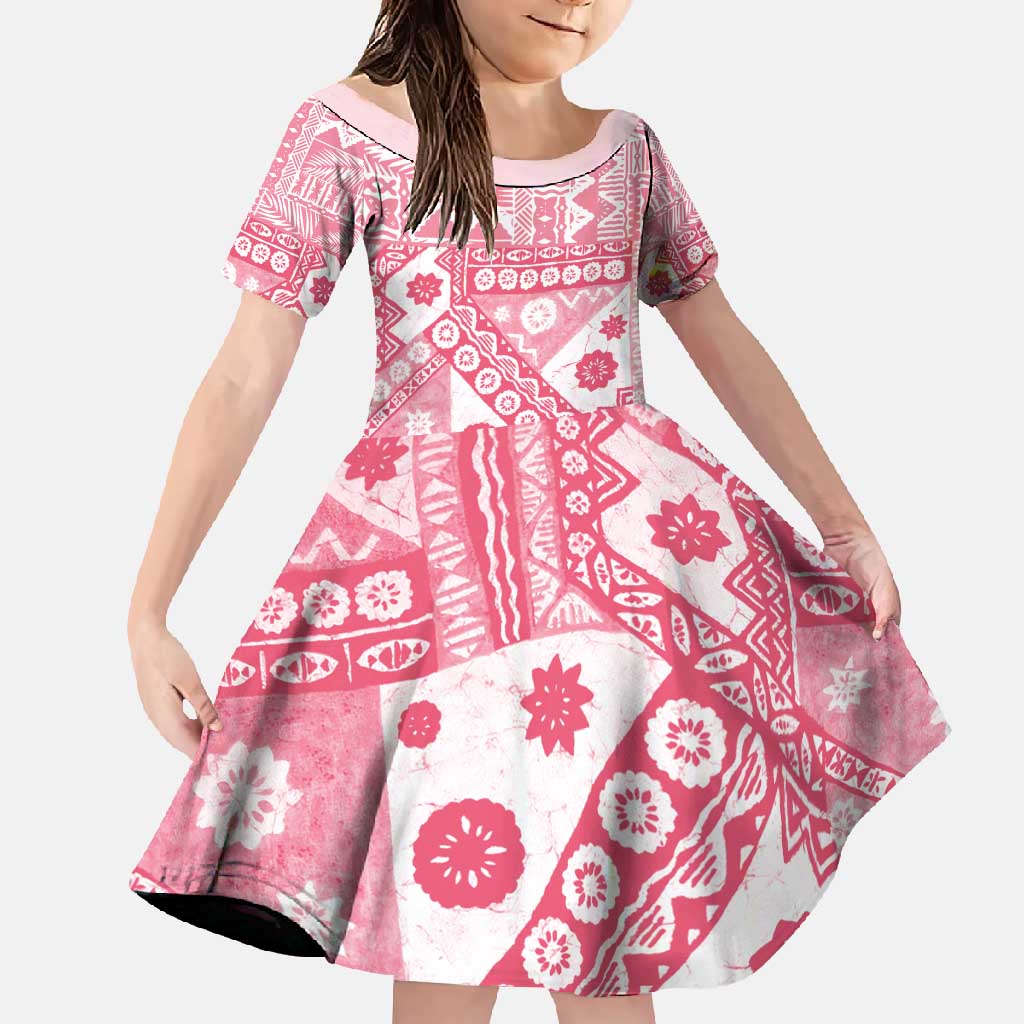 Pink Bula Fiji Family Matching Tank Maxi Dress and Hawaiian Shirt Unique Masi Tapa Pattern LT14 Daughter's Dress Pink - Polynesian Pride