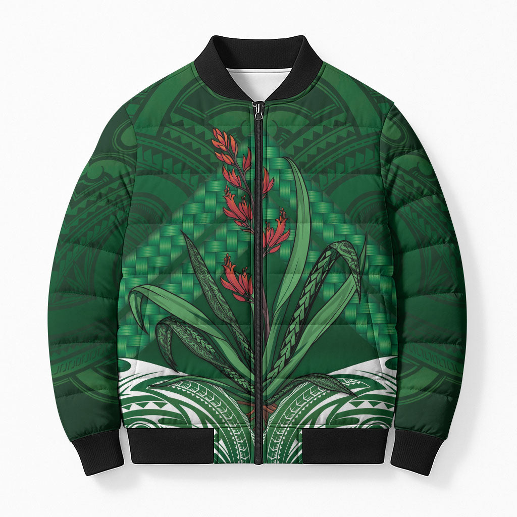 Rongoa Maori New Zealand Harakeke Bomber Puffer Jacket NZ Weaving Pattern Green LT14 Unisex Green - Polynesian Pride