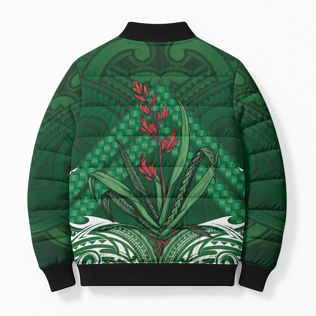 Rongoa Maori New Zealand Harakeke Bomber Puffer Jacket NZ Weaving Pattern Green LT14 - Polynesian Pride