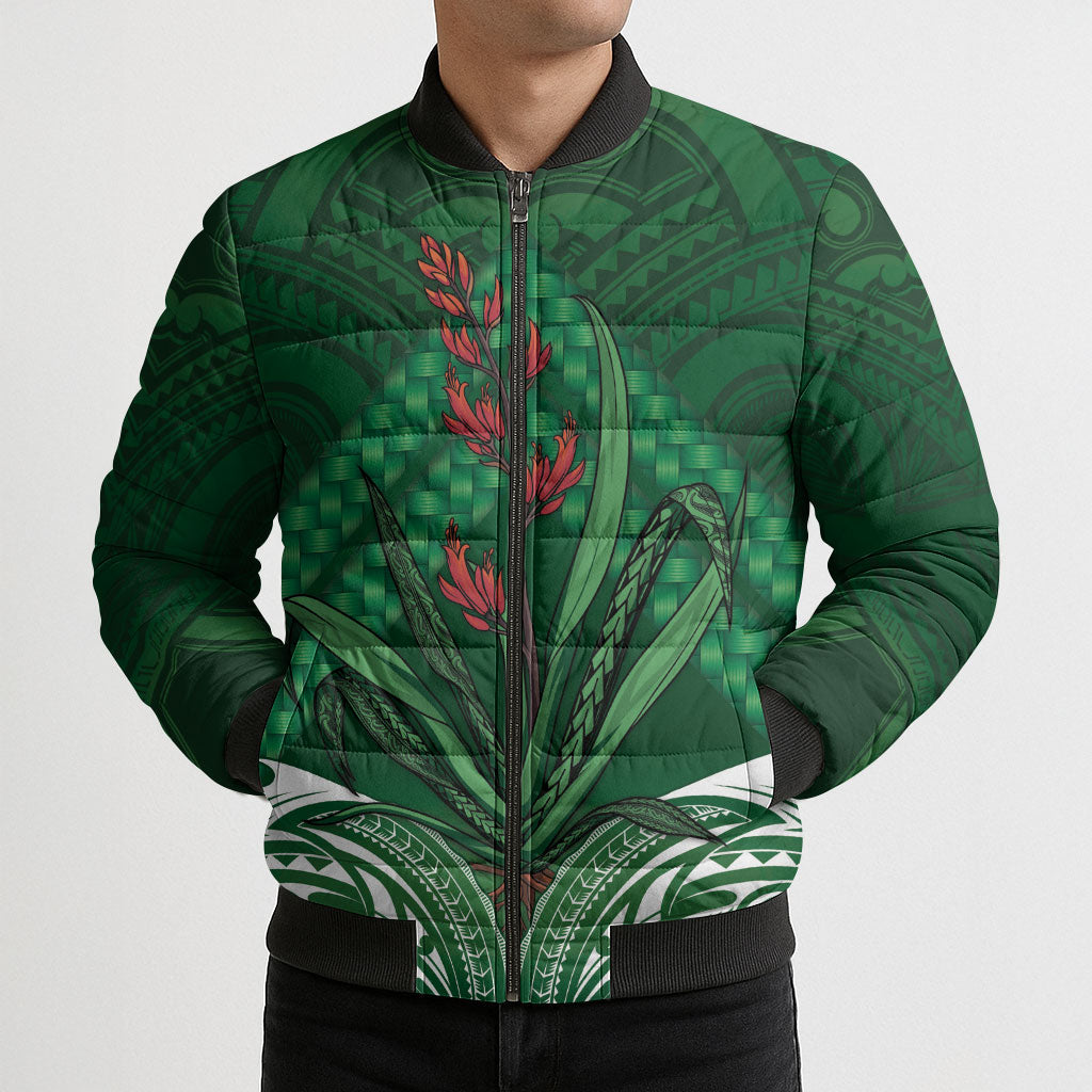 Rongoa Maori New Zealand Harakeke Bomber Puffer Jacket NZ Weaving Pattern Green LT14 - Polynesian Pride