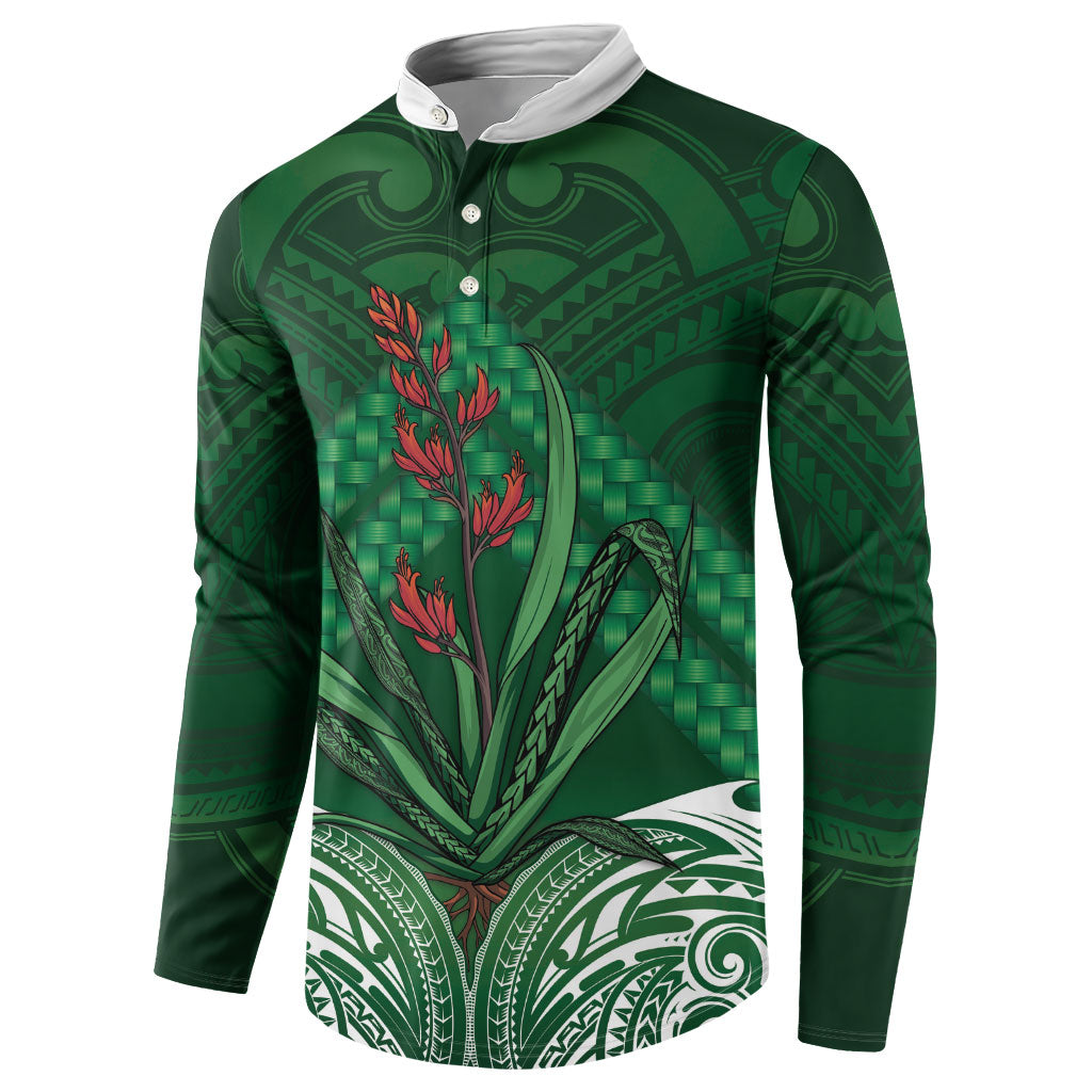 Rongoa Maori New Zealand Harakeke Button Sweatshirt NZ Weaving Pattern Green LT14 - Polynesian Pride