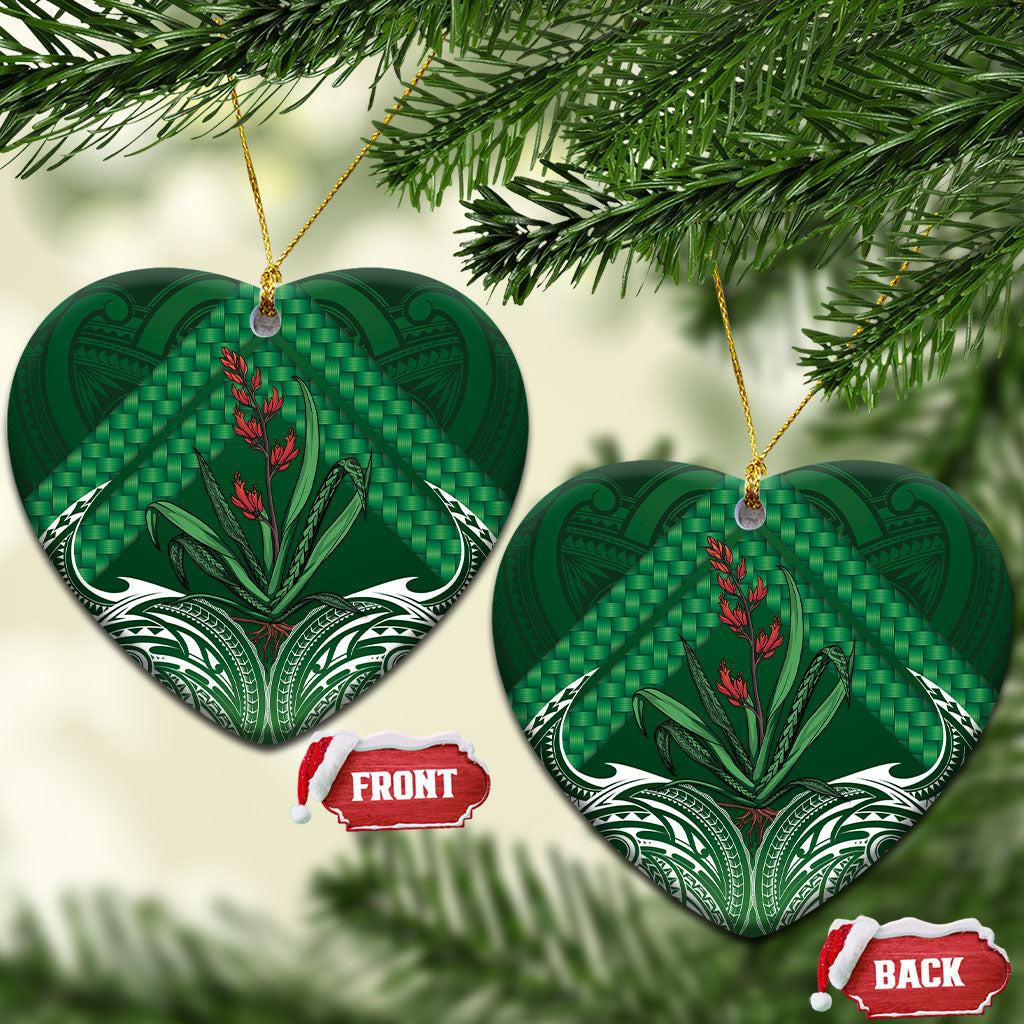 Rongoa Maori New Zealand Harakeke Ceramic Ornament NZ Weaving Pattern Green LT14 Heart Green - Polynesian Pride