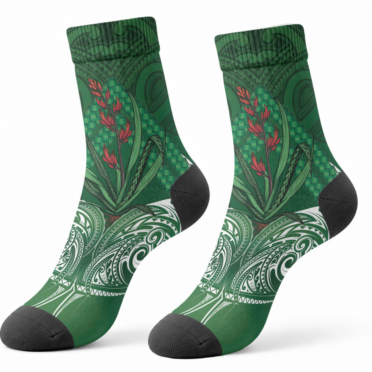 Rongoa Maori New Zealand Harakeke Crew Socks NZ Weaving Pattern Green LT14 - Polynesian Pride
